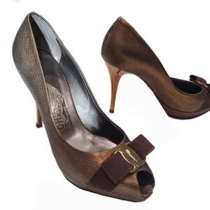 Salvatore Ferragamo Brown Platform Heels with Bow